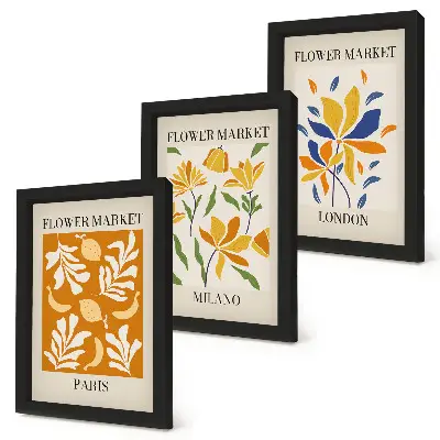Set van ingelijste schilderijen met bloemenposters van Parijs, Milaan en Londen