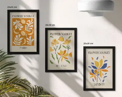 Set van ingelijste schilderijen met bloemenposters van Parijs, Milaan en Londen