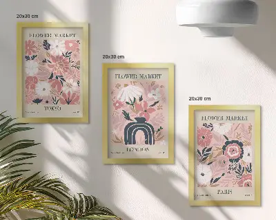 Set van ingelijste schilderijen met bloemmotieven in Tokio, Londen en Parijs