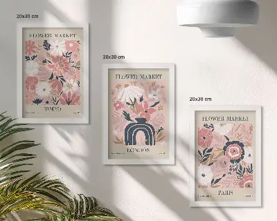 Set van ingelijste schilderijen met bloemmotieven in Tokio, Londen en Parijs