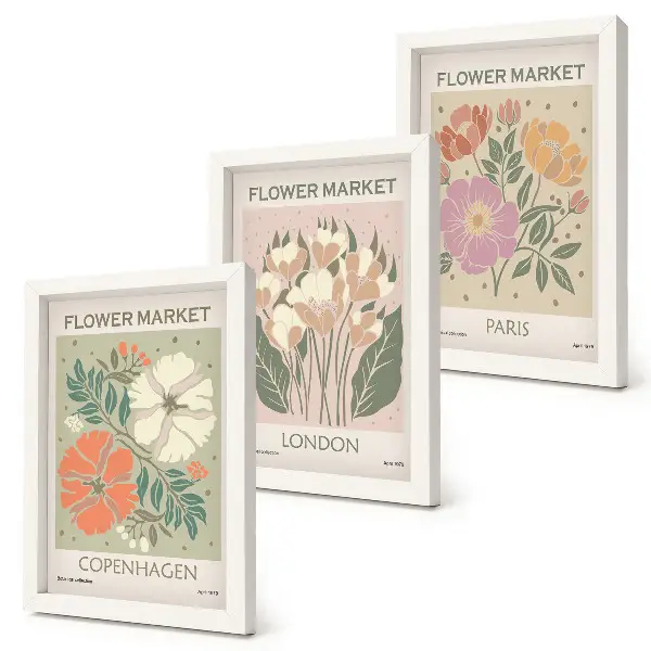 Gallery wall met bloemenposters van Kopenhagen, Londen en Parijs