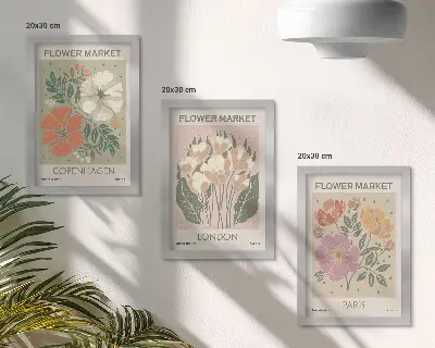 Gallery wall met bloemenposters van Kopenhagen, Londen en Parijs