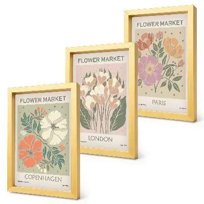 Gallery wall met bloemenposters van Kopenhagen, Londen en Parijs