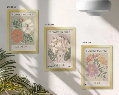 Gallery wall met bloemenposters van Kopenhagen, Londen en Parijs
