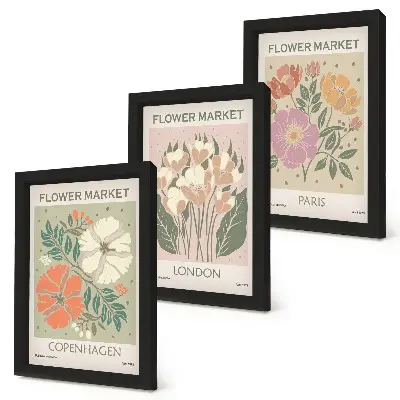 Gallery wall met bloemenposters van Kopenhagen, Londen en Parijs