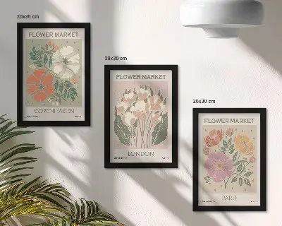 Gallery wall met bloemenposters van Kopenhagen, Londen en Parijs