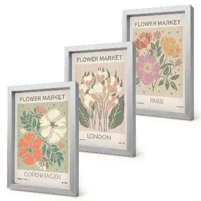 Gallery wall met bloemenposters van Kopenhagen, Londen en Parijs