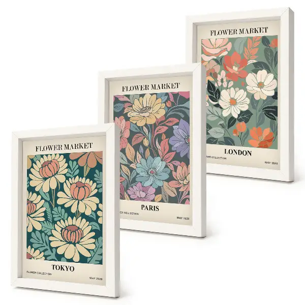 Set van ingelijste schilderijen met bloemenposters van Tokio, Parijs en Londen