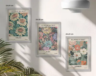 Set van ingelijste schilderijen met bloemenposters van Tokio, Parijs en Londen