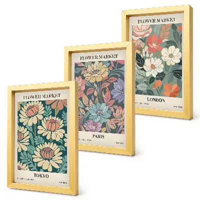 Set van ingelijste schilderijen met bloemenposters van Tokio, Parijs en Londen