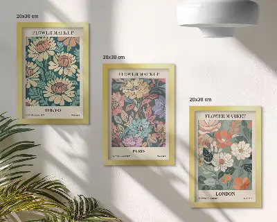 Set van ingelijste schilderijen met bloemenposters van Tokio, Parijs en Londen