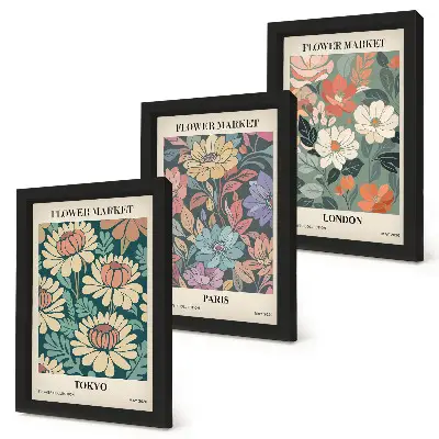 Set van ingelijste schilderijen met bloemenposters van Tokio, Parijs en Londen