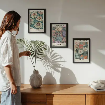 Set van ingelijste schilderijen met bloemenposters van Tokio, Parijs en Londen