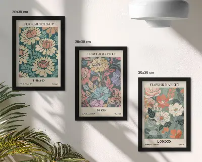 Set van ingelijste schilderijen met bloemenposters van Tokio, Parijs en Londen