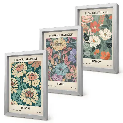 Set van ingelijste schilderijen met bloemenposters van Tokio, Parijs en Londen