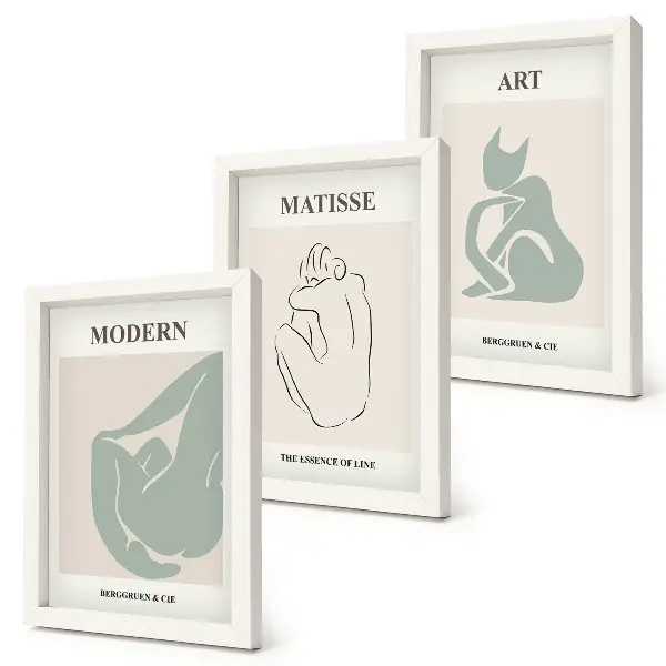 Set ingelijste schilderijen met abstracte figuren in pasteltinten van Henri Matisse