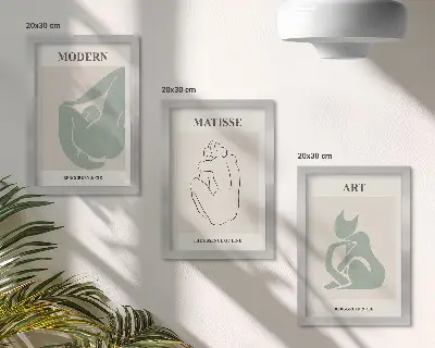 Set ingelijste schilderijen met abstracte figuren in pasteltinten van Henri Matisse