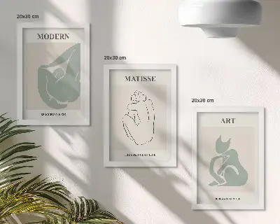 Set ingelijste schilderijen met abstracte figuren in pasteltinten van Henri Matisse
