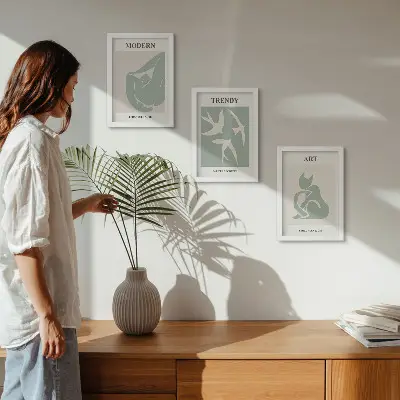 Gallery wall met abstracte figuren van Henri Matisse in ingetogen kleuren