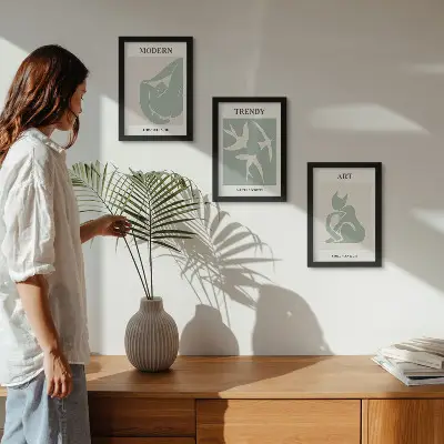 Gallery wall met abstracte figuren van Henri Matisse in ingetogen kleuren