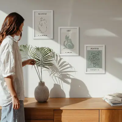 Set ingelijste posters met Henri Matisse kunst in beige en groene tinten