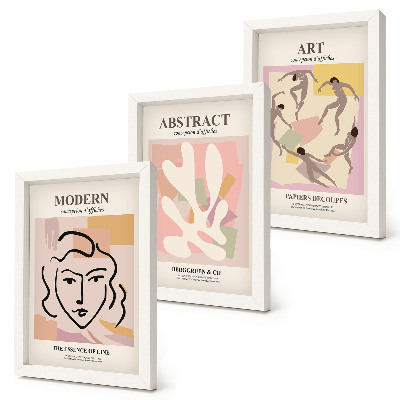 Gallery wall Stijlvolle portretten en abstracte vormen in pastelkleuren.