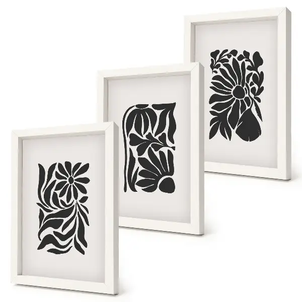Set ingelijste schilderijen met abstracte plantpatronen in zwarttinten
