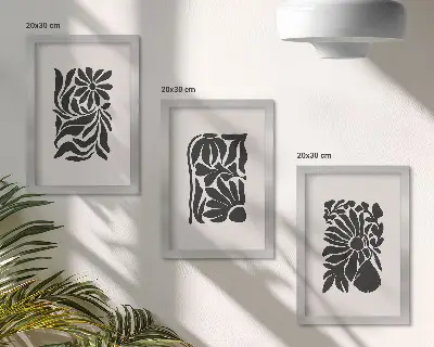 Set ingelijste schilderijen met abstracte plantpatronen in zwarttinten