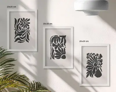 Set ingelijste schilderijen met abstracte plantpatronen in zwarttinten