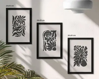 Set ingelijste schilderijen met abstracte plantpatronen in zwarttinten
