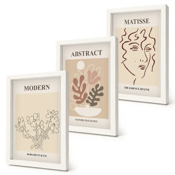 Set van ingelijste schilderijen met moderne plantmotieven en lijnen