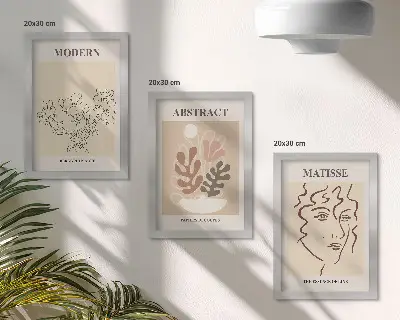 Set van ingelijste schilderijen met moderne plantmotieven en lijnen