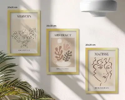 Set van ingelijste schilderijen met moderne plantmotieven en lijnen