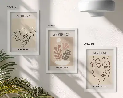 Set van ingelijste schilderijen met moderne plantmotieven en lijnen
