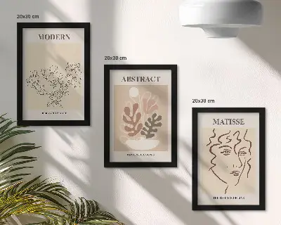 Set van ingelijste schilderijen met moderne plantmotieven en lijnen