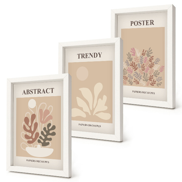 Set van ingelijste schilderijen Posters met plantmotieven in beige en bruine tinten.