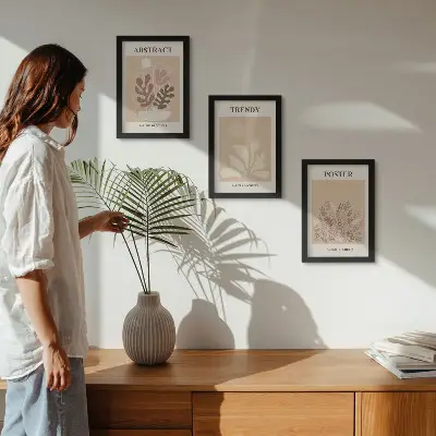 Set van ingelijste schilderijen met plantmotieven in beige en bruine tinten