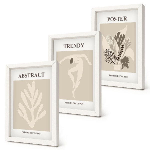 Set van ingelijste schilderijen Plantenpatronen in beige en bruine tinten.