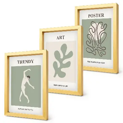 Gallery wall met abstracte figuren en plantmotieven in ingetogen kleuren