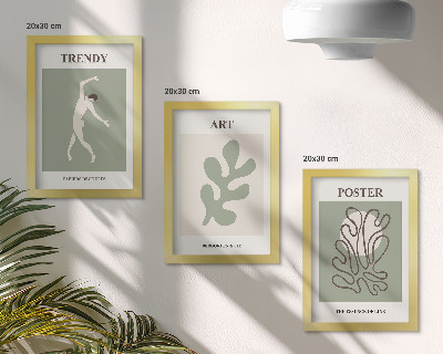 Gallery wall Abstracte figuren en plantmotieven in ingetogen kleuren.