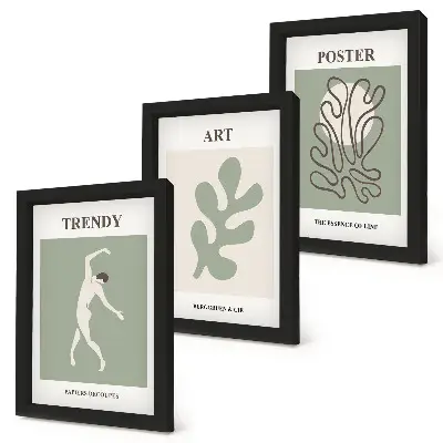 Gallery wall met abstracte figuren en plantmotieven in ingetogen kleuren