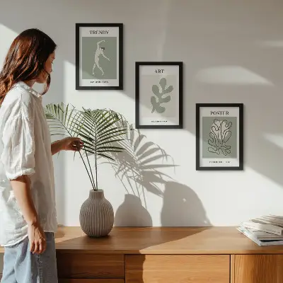 Gallery wall met abstracte figuren en plantmotieven in ingetogen kleuren