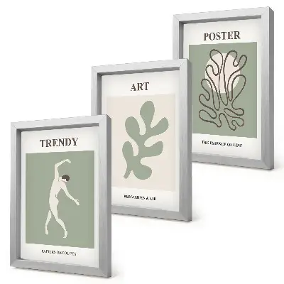 Gallery wall met abstracte figuren en plantmotieven in ingetogen kleuren