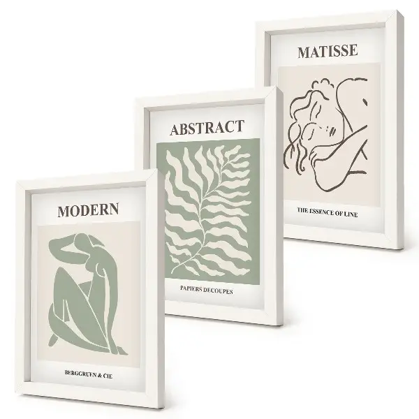 Set ingelijste schilderijen stijlvolle kunstwerken met figuren en bladeren in groene tinten