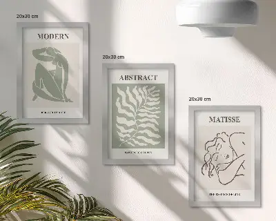 Set ingelijste schilderijen stijlvolle kunstwerken met figuren en bladeren in groene tinten