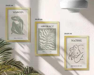 Set ingelijste schilderijen stijlvolle kunstwerken met figuren en bladeren in groene tinten