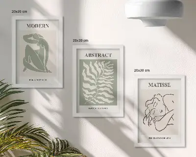 Set ingelijste schilderijen stijlvolle kunstwerken met figuren en bladeren in groene tinten