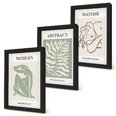 Set ingelijste schilderijen stijlvolle kunstwerken met figuren en bladeren in groene tinten