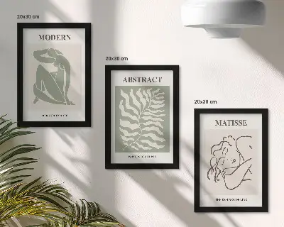 Set ingelijste schilderijen stijlvolle kunstwerken met figuren en bladeren in groene tinten