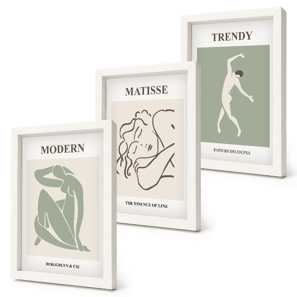 Set van ingelijste schilderijen Stijlvolle personages in minimalistische vormen en kleuren.